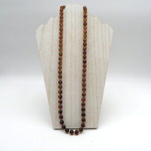 Vintage Crackle Bead Necklace‎ 30" Honey Cognac Round Lucite Beads Gold Clasp